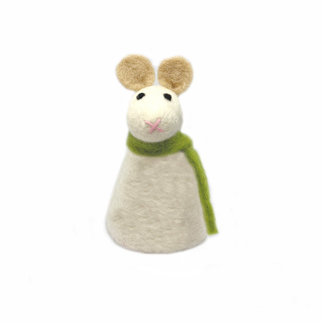 Eierwärmer aus Filz - Maus weiß mit grünem Schal