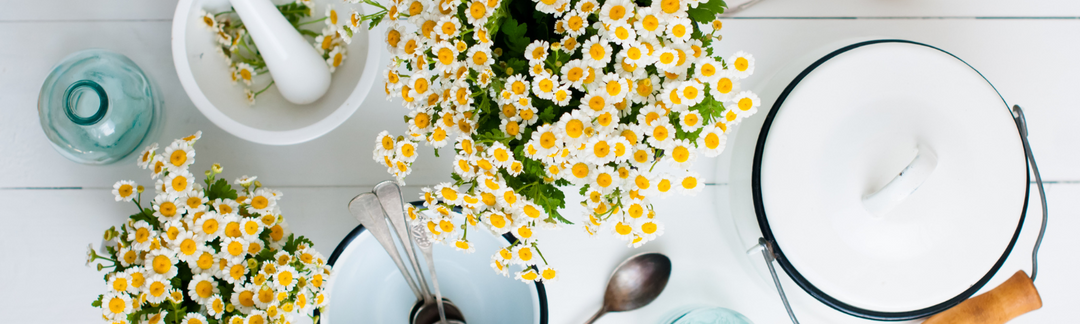 Ein heller gedeckter Tisch mit vielen Gänseblümchen