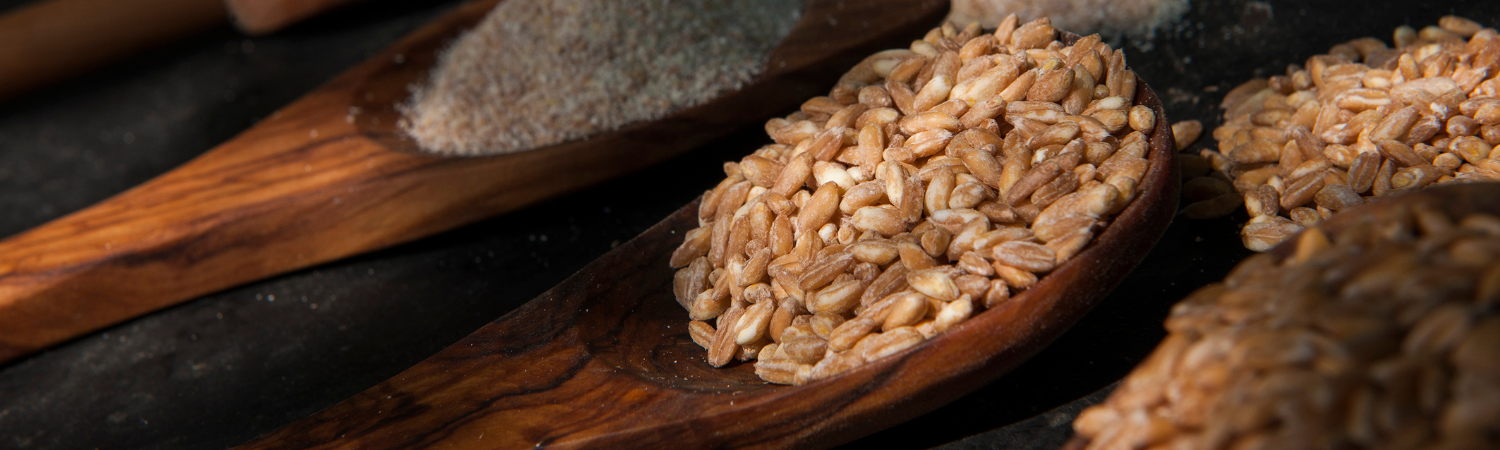Holzlöffel mit Körnern und Mehl gefüllt