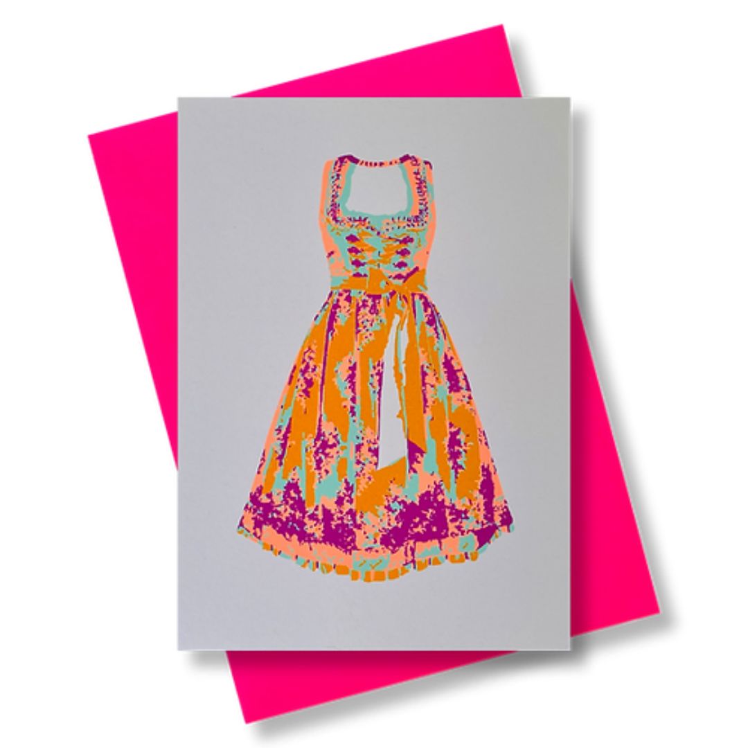 Grußkarte - Dirndl neonfarben (Siebdruck mit Umschlag)